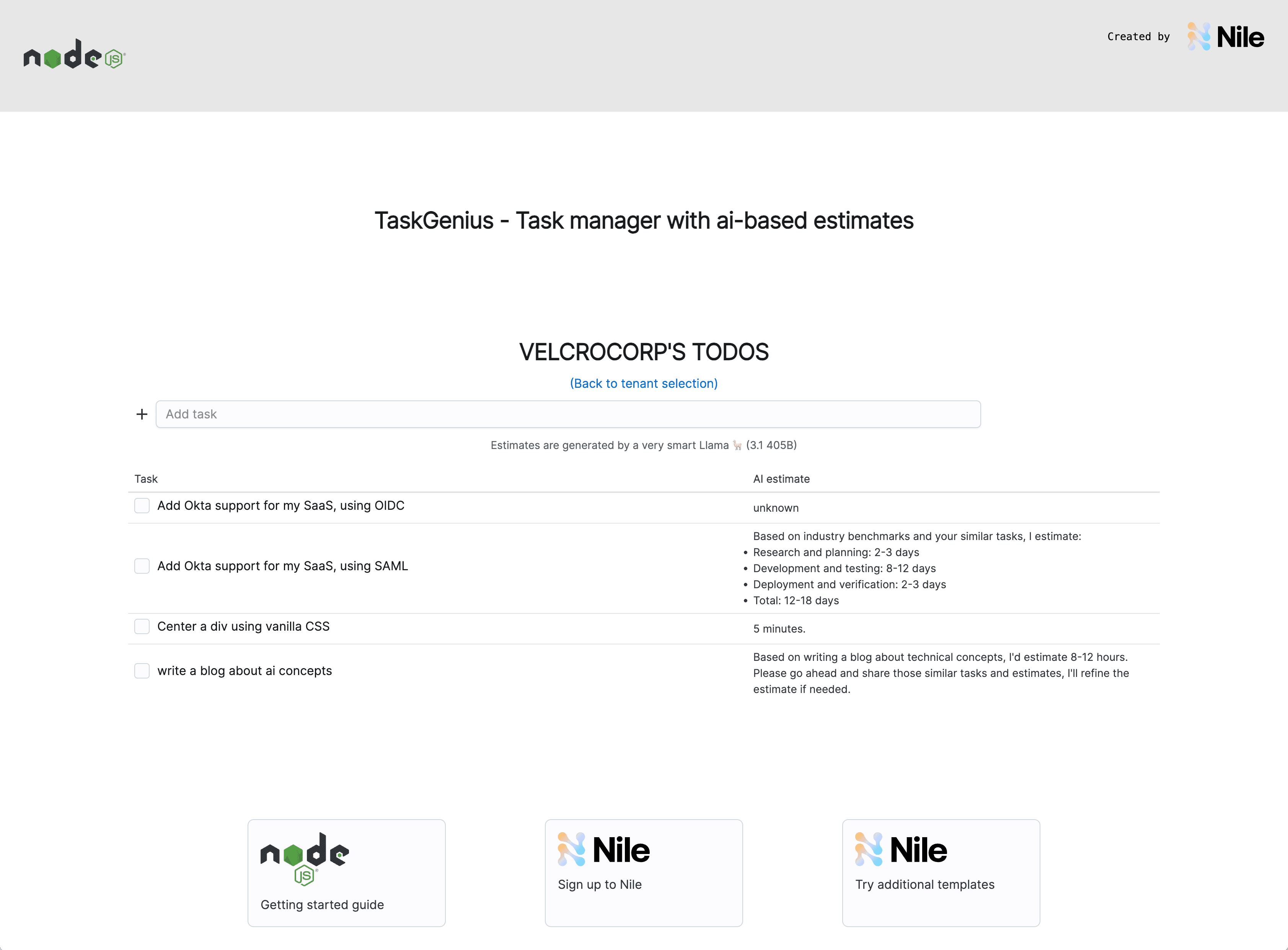 screen shot for AI-Native multi-tenant SaaS with Nile, NodeJS and React template