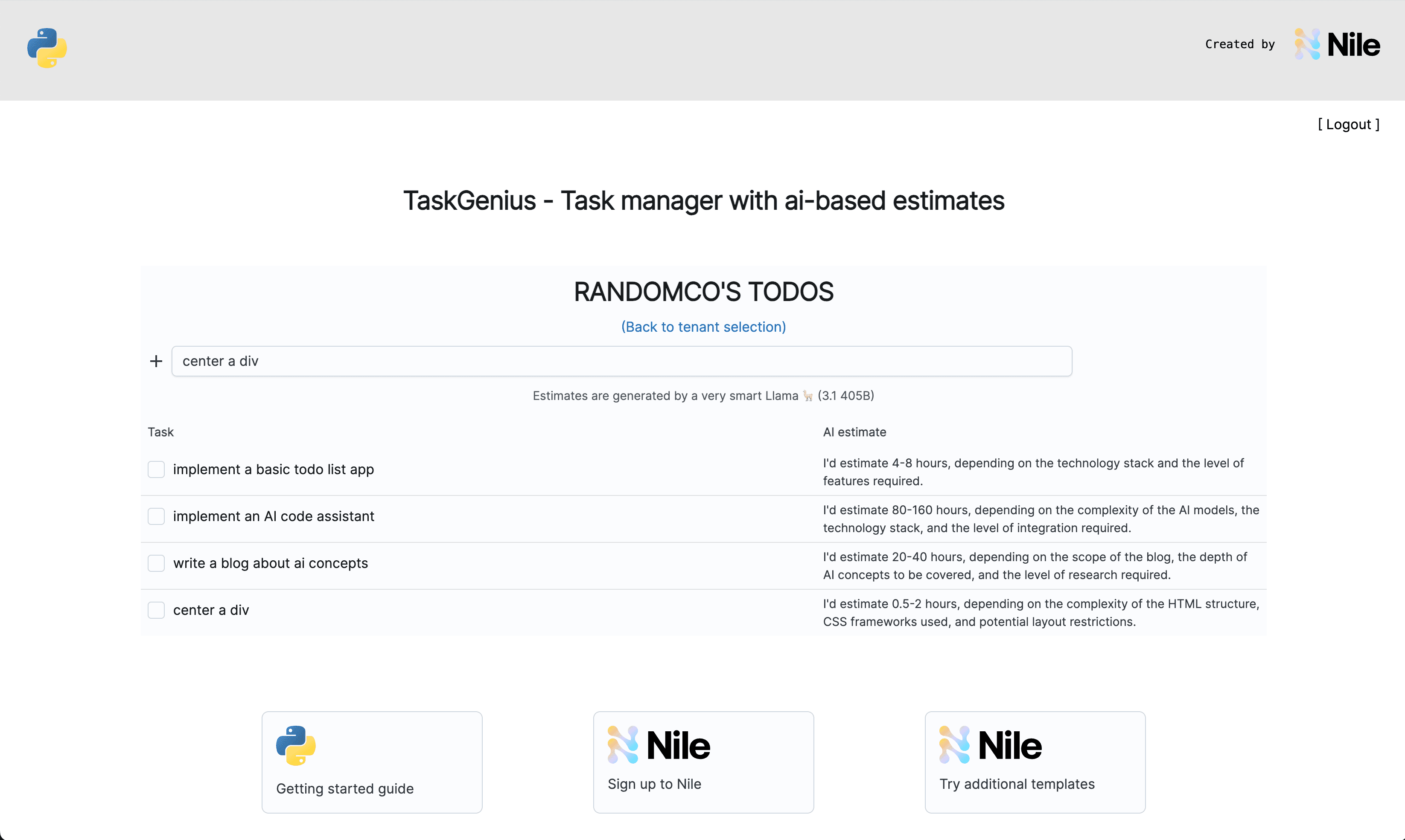 screen shot for AI-Native SaaS with Nile and Python template