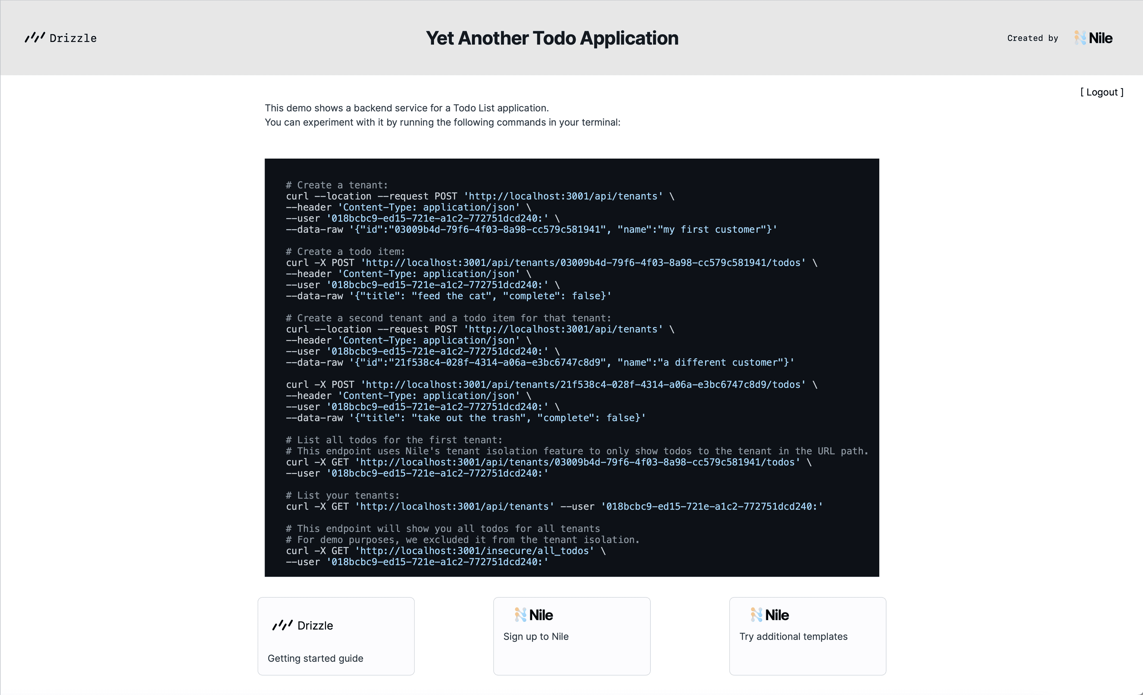 screen shot for AI-Native multi-tenant SaaS with Nile and Drizzle ORM template